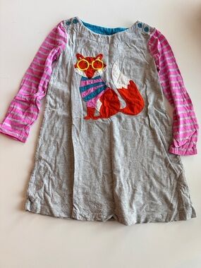 Mini Boden Grey Fox Applique Long Sleeve Dress - Size 5-6